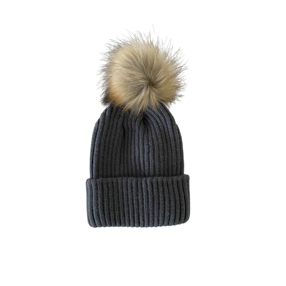 New Merino Wool Fur Pom Pom Beanie -‎ Gray O/S $40